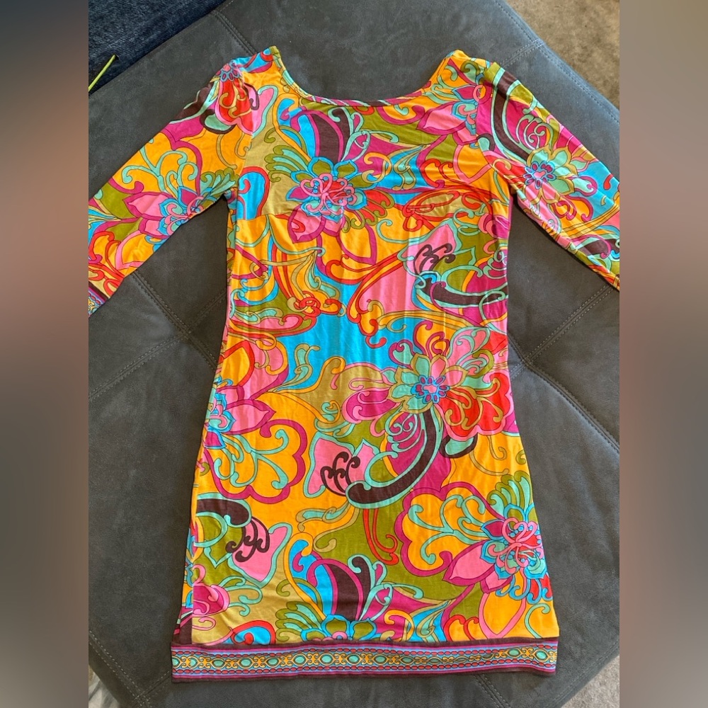 Trina Turk colorful retro 70’s vintage multicolor floral print dress 6
